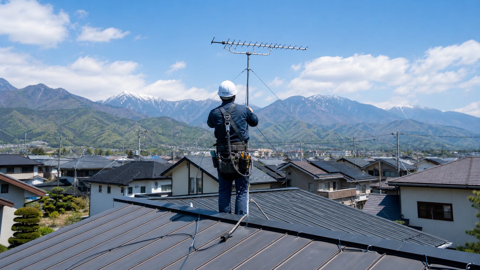 北アルプスを背景に屋根の上でアンテナを設置する作業員